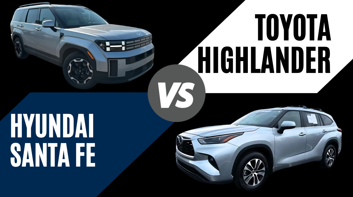 Side-by-side comparison image of the 2025 Hyundai Santa Fe and 2025 Toyota Highlander, showcasing both midsize SUVs for a buyer’s guide in Fort Smith, AR.